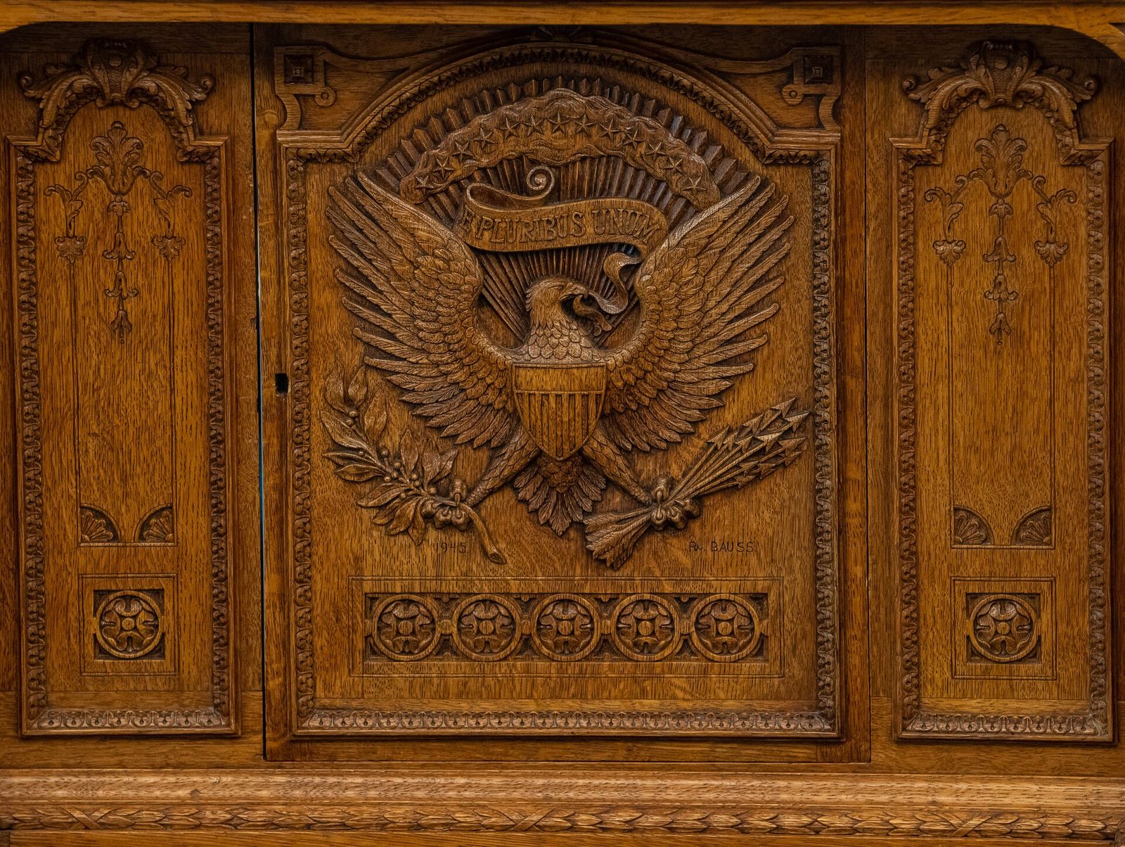 The carved eagle on the Resolute Desk in the Oval Office
