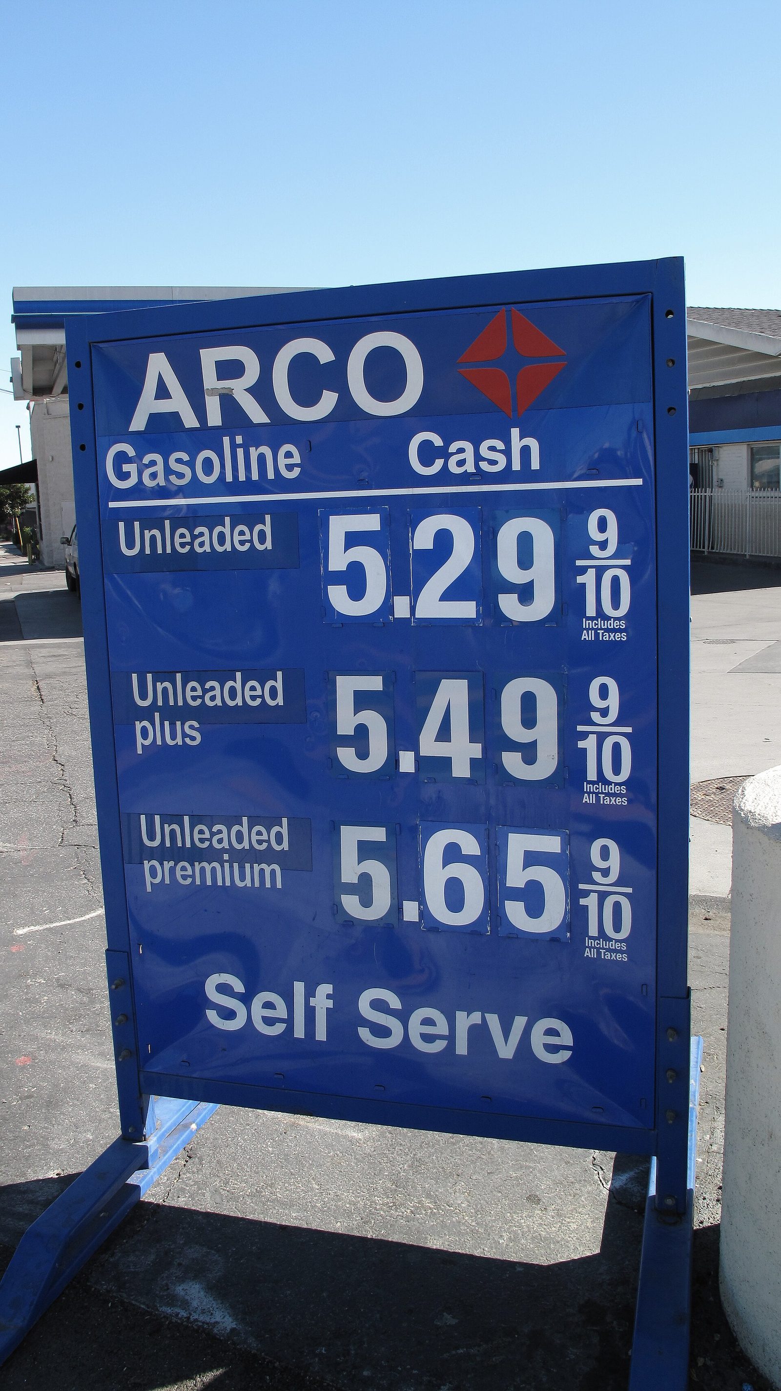 A gas station price sign showing regular unleaded at $5.29 a gallon